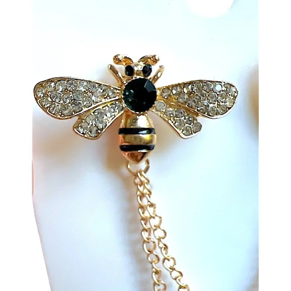 New Gold Bee Brooch CZ Green Hanging Chain Connector Handbag Accessory Stud Pins